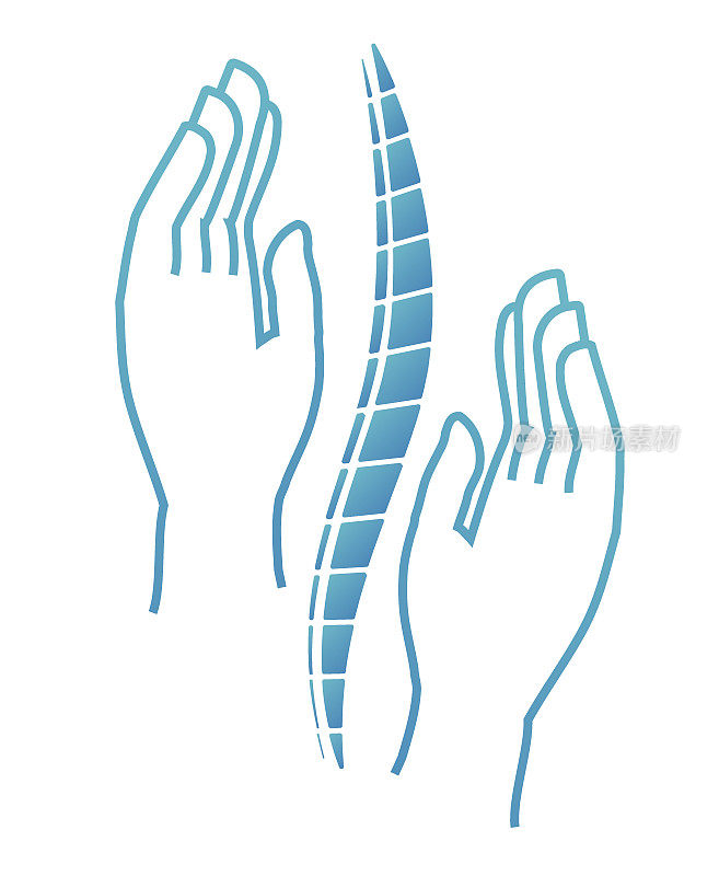 捏脊或按摩的象征。手动疗法。医疗图标。手握在背后。标志的脊柱