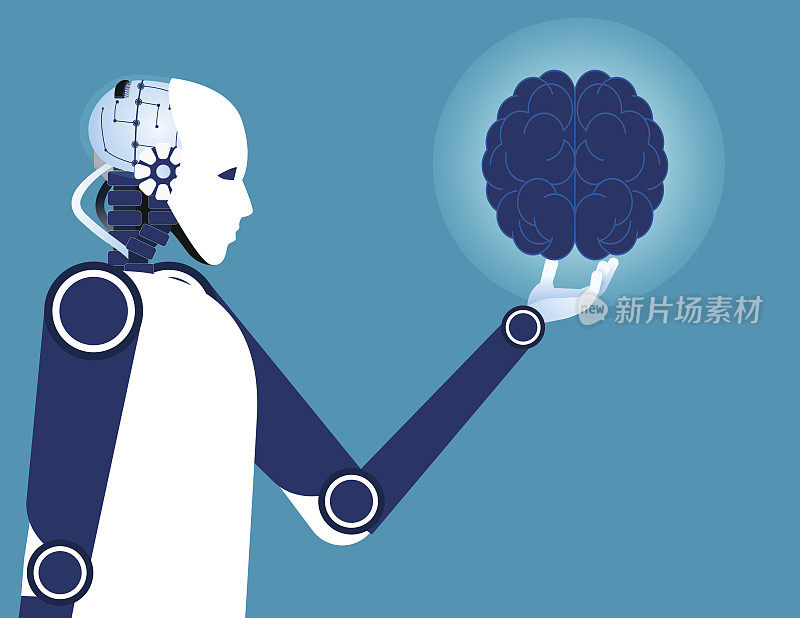 人类的大脑。机器人抱着人类的大脑。概念机器人矢量插图。自动化技术。