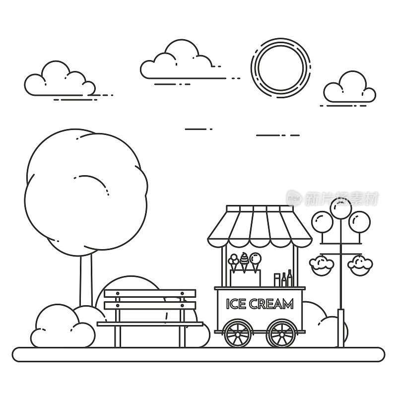 城市景观长椅，冰淇淋车在中央公园。矢量插图。线的艺术。