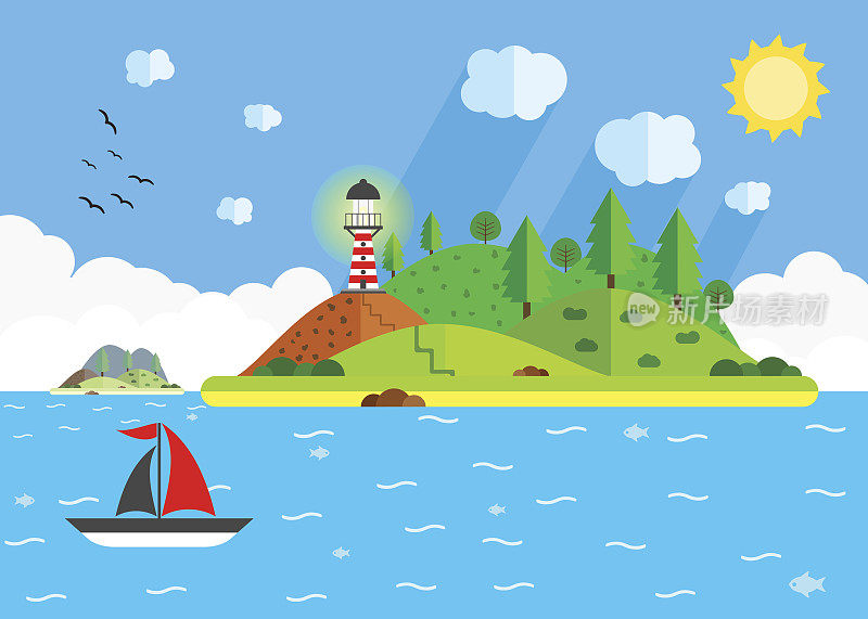 岛上有灯塔、小山、树木和帆船。夏季假期航行概念。平面向量插图。旅游的背景。