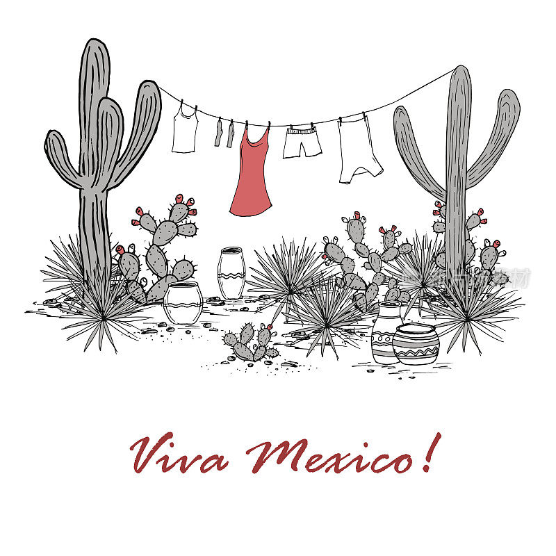 有趣的手绘插画与罐子，撒瓜罗，蓝色龙舌兰，刺梨，和衣服挂在晾衣绳上。拉丁美洲的背景。墨西哥万岁向量。