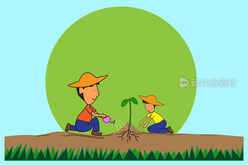 爸爸和儿子正坐在一棵树上种植肥料和空白的文字空间。背景开发学习概念。平面卡通和剖面视图。