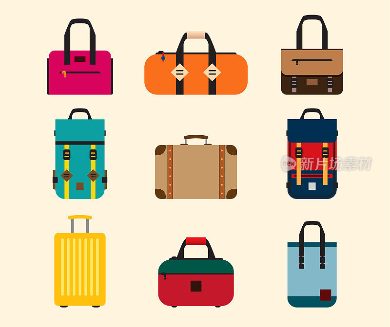 彩色袋图标矢量集。背包，手提包，手提箱，公文包，邮差包。