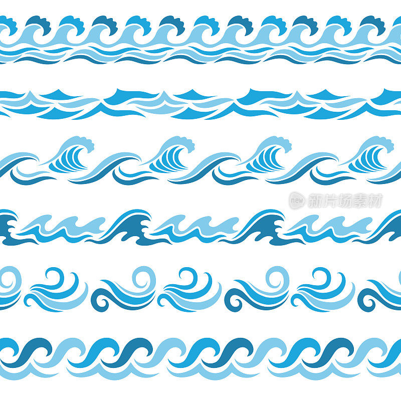 水平无缝模式与程式化的蓝色波浪