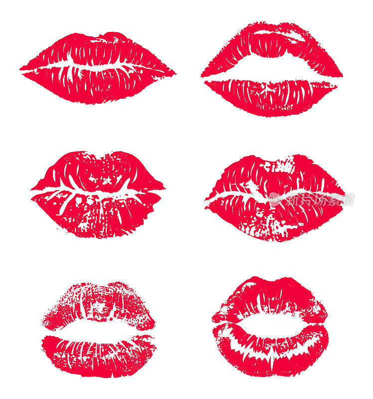 口红吻印孤立向量集。红色矢量唇集。不同形状的女性性感红唇。性感唇妆，吻嘴。女性的嘴唇。打印的嘴唇亲吻矢量背景