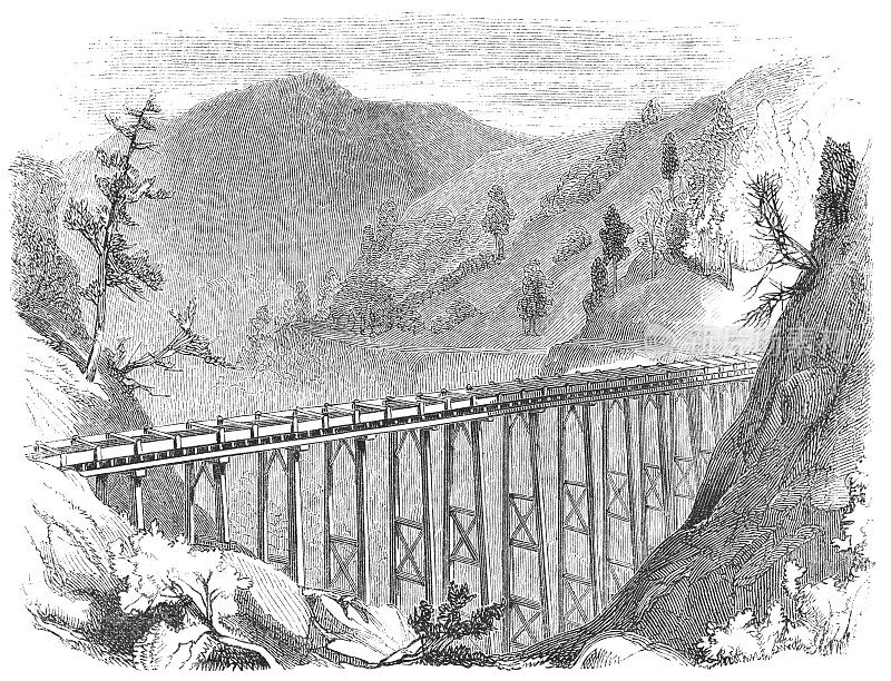 美国加利福尼亚州内华达山脉水力采矿用水槽(19世纪)