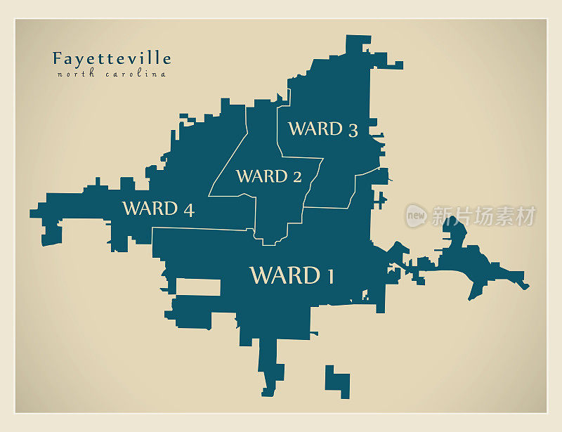 现代城市地图-费耶特维尔的美国北卡罗来纳州城市，有病房和标题