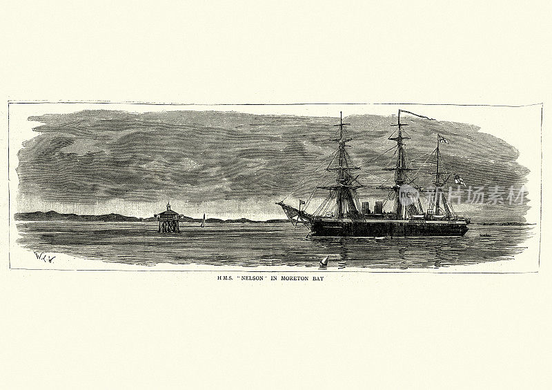 19世纪澳大利亚莫尔顿湾的纳尔逊号皇家海军舰艇