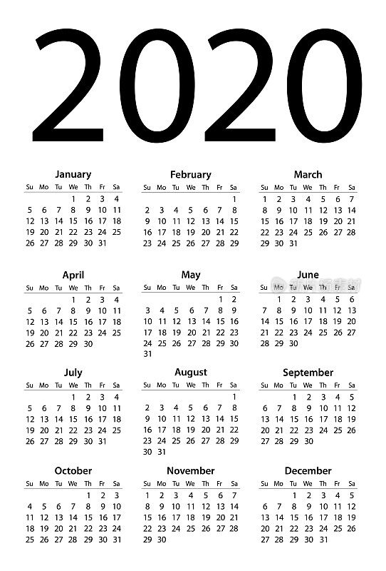 2020年日历简单。星期日开始上班