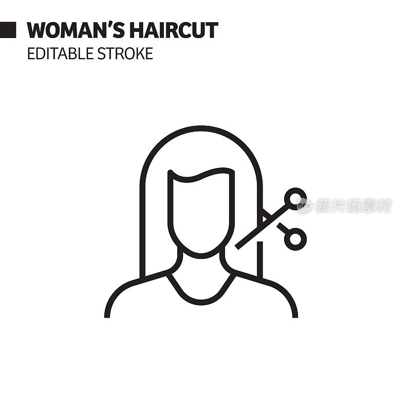 女人理发线图标，轮廓矢量符号插图。完美像素，可编辑的描边。