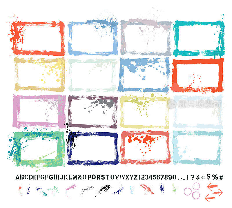 设计师要点:油漆垃圾边框模板&飞溅&滴&滴&手工制作的字母字体矢量集