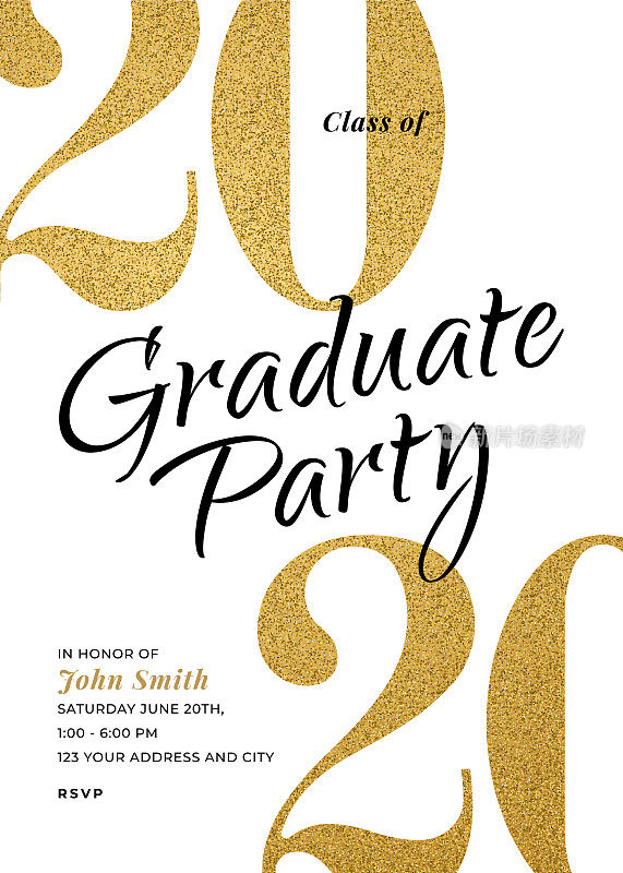 2020届毕业班。聚会的邀请。金光闪闪的贺卡。