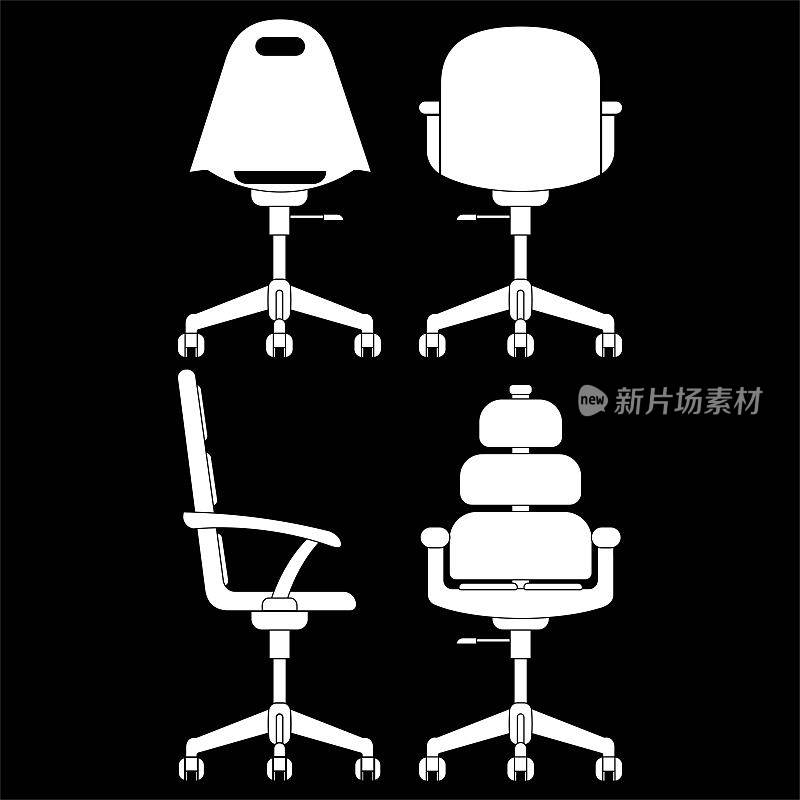 办公椅设置图标在白色孤立的黑色背景。每股收益10向量。