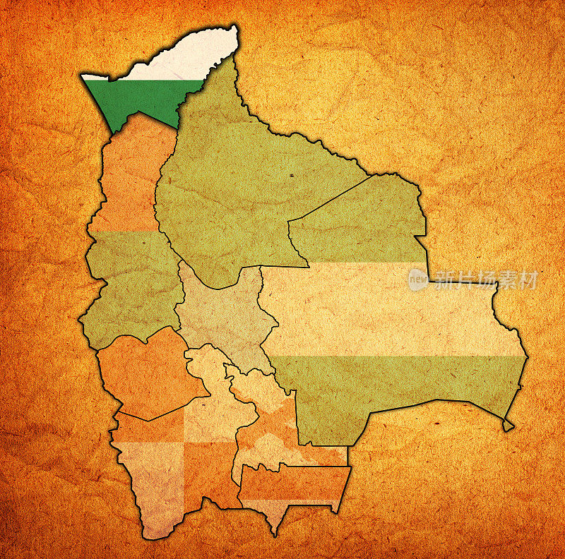 地图上的潘多地区与玻利维亚的行政区划和边界