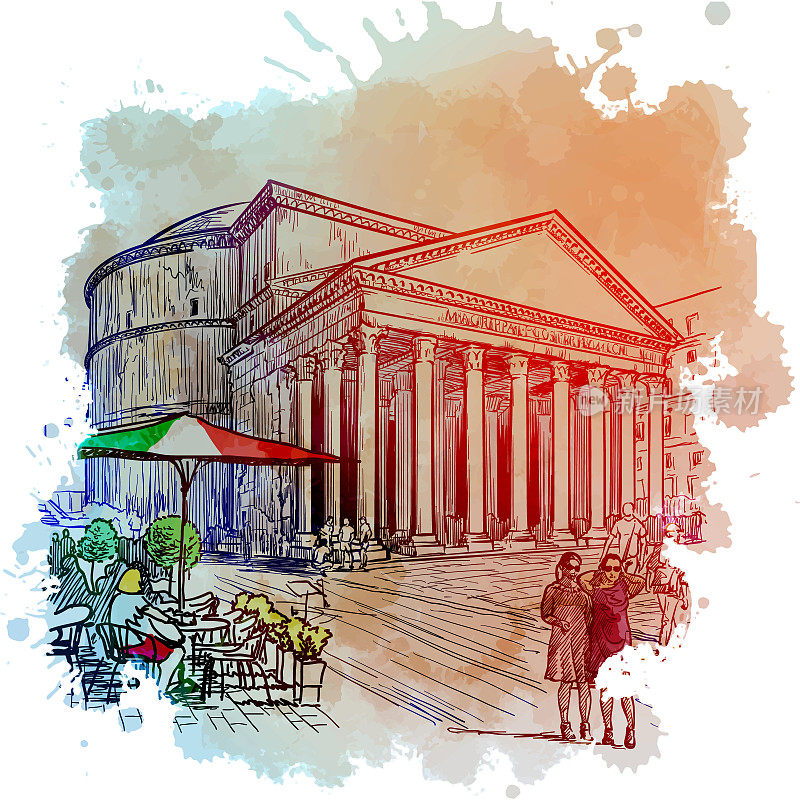 意大利罗马万神殿大教堂。复古设计。水彩纹理背景上的线性草图
