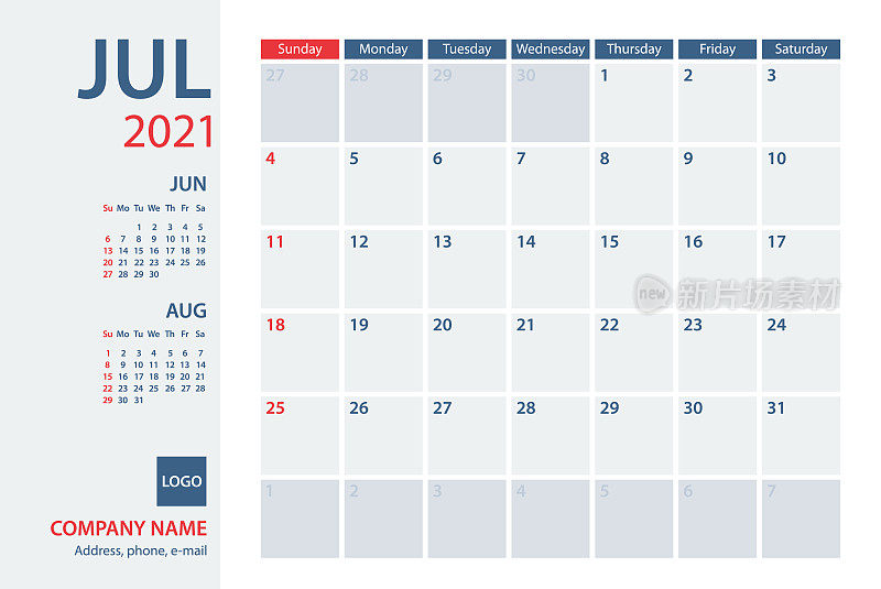 2021年7月日历规划师矢量模板。一周从周日开始