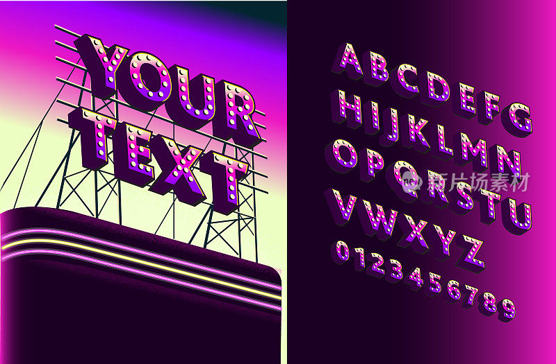 复古屋顶广告牌标识装饰字母字体设置在合成波风格