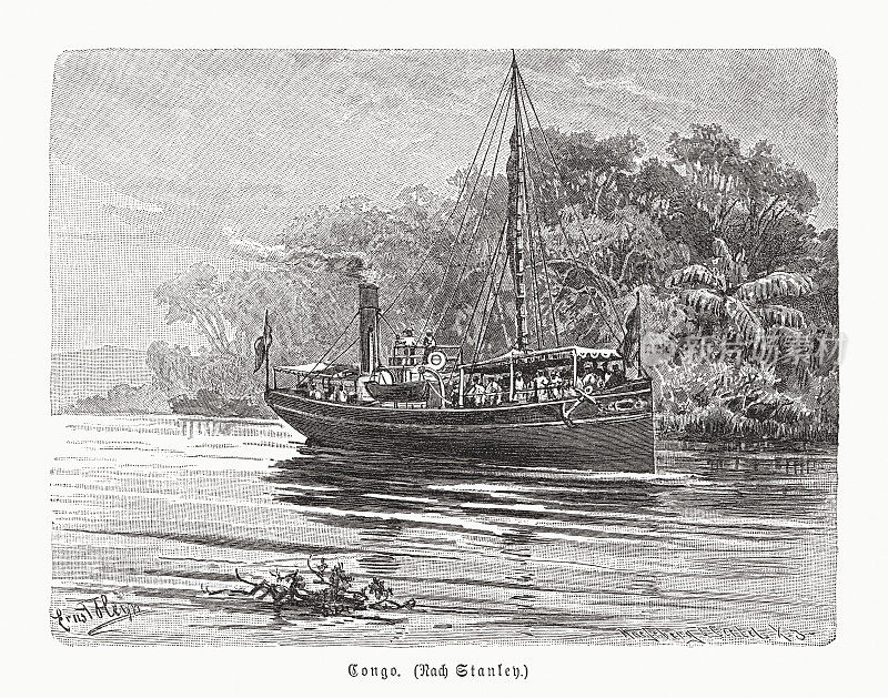 刚果河上的一艘汽船，木刻，1891年出版