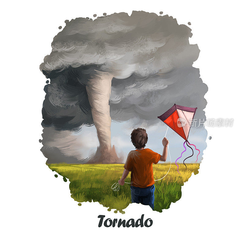龙卷风自然灾害数字艺术插画。旋风摧毁一切，男孩用工具箱后视镜，台风造成的撞击，天空中的飓风，风暴龙卷风，戏剧性的事件强风