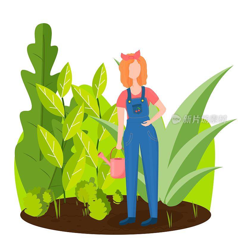 迷人的年轻女子站在花园与喷壶在矢量设计。图形构图细致，色彩鲜明。农业、生态的概念。农村生活方式