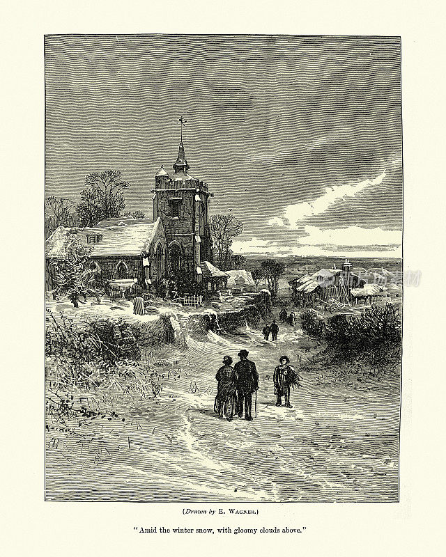 冬日雪中的英国教区教堂，维多利亚，19世纪