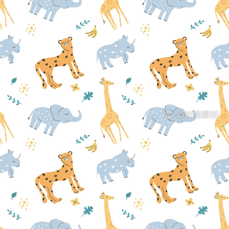 手绘无缝图案背景与可爱的非洲动物，犀牛，长颈鹿，大象，猎豹。适合儿童服装，纺织品，织物，婴儿装饰，包装纸。