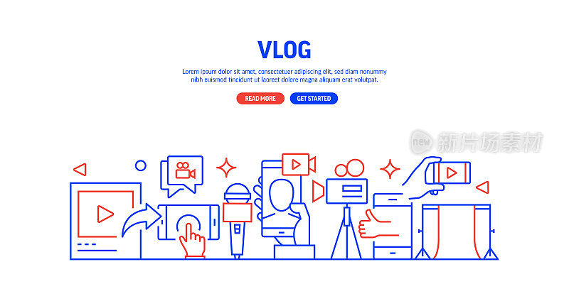 视频博主和youtube相关的网站横幅线条风格。现代线性设计矢量插图的网站横幅，网站标题等。