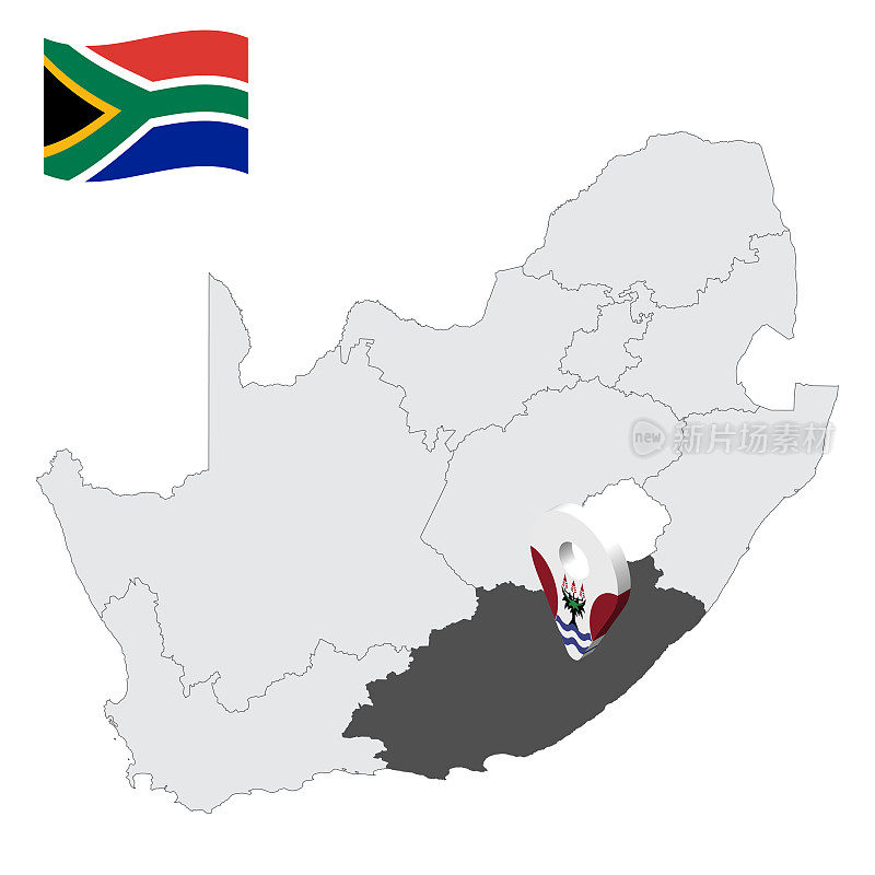位置南非地图上的东开普省。类似东开普省旗的3d位置标志。质量地图与地区的南非为您的设计。EPS10。