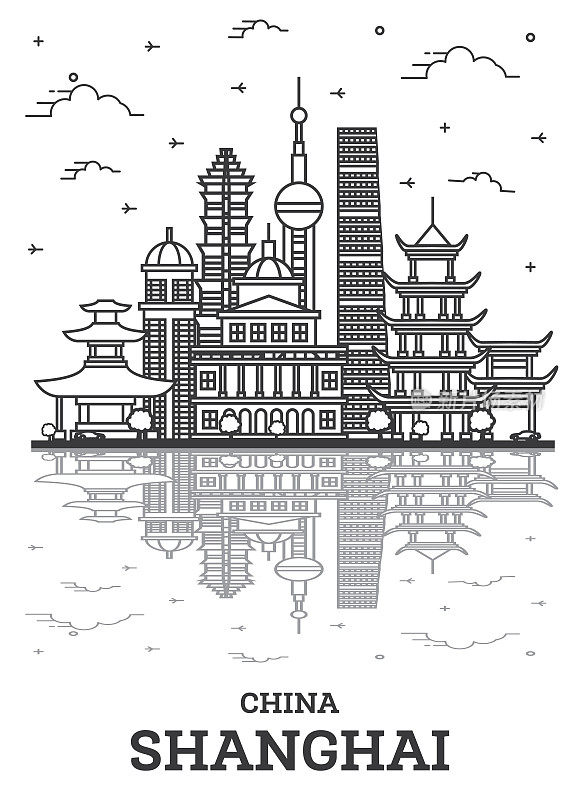 用历史建筑勾勒出上海中国城市的天际线，并在白色上反射出孤立的影子。