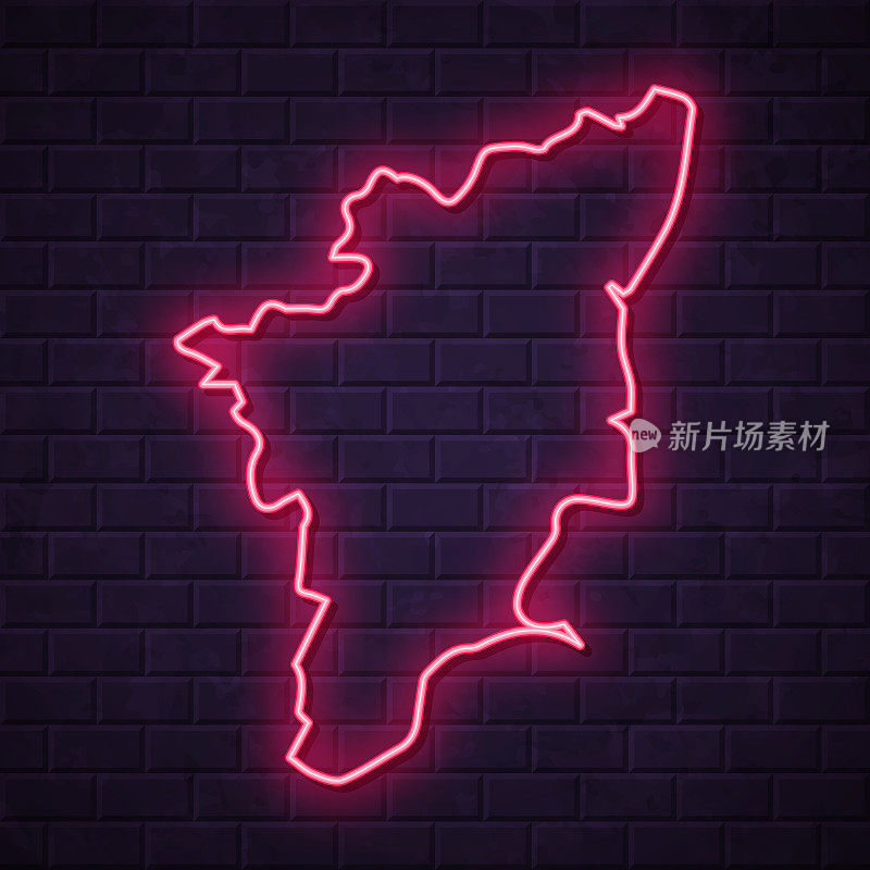 泰米尔纳德邦地图-砖墙背景上发光的霓虹灯