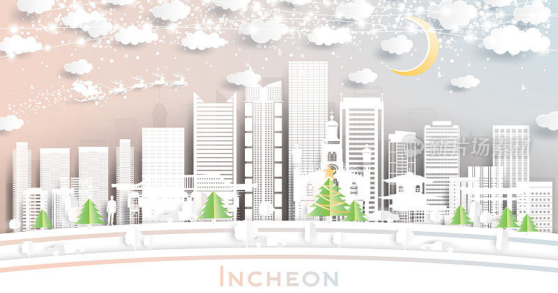 韩国仁川的城市天际线剪纸风格的雪花，月亮和霓虹灯花环。