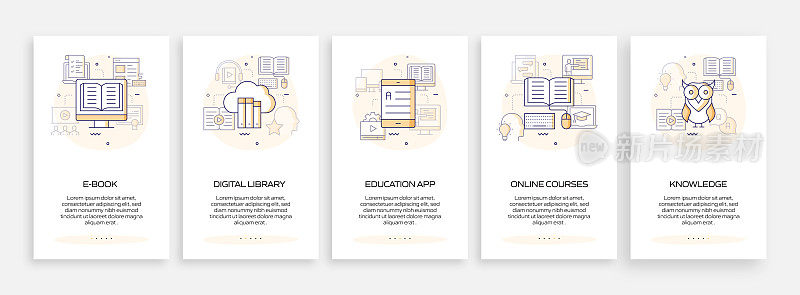 电子学习，在线教育和远程教育相关的移动应用程序页面屏幕与平面图标。用户体验，用户界面设计模板矢量插图