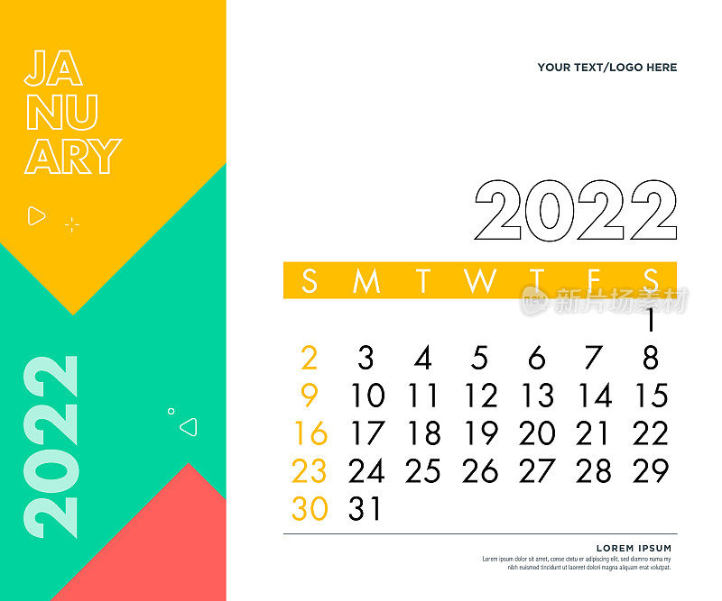 2022年1月。日历2022设计模板周将于周日开始。股票插图