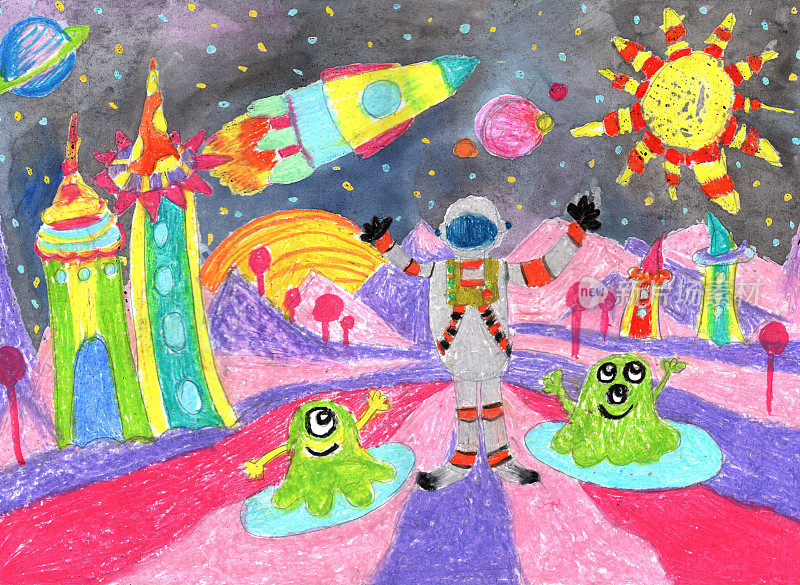 水彩画的孩子画太空行星火箭