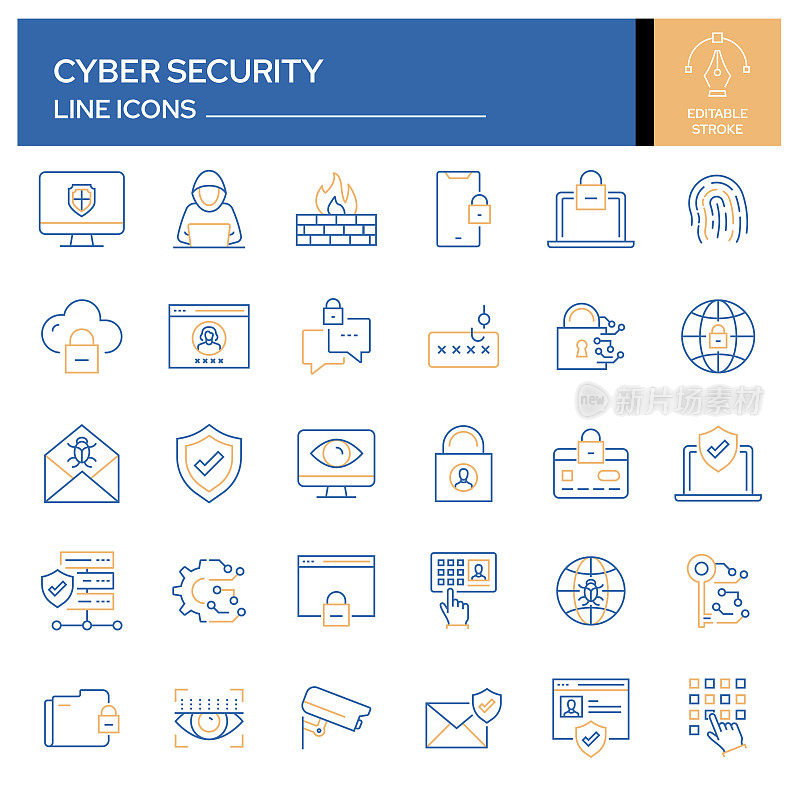一组网络安全相关的线路图标。轮廓符号集合，可编辑的描边