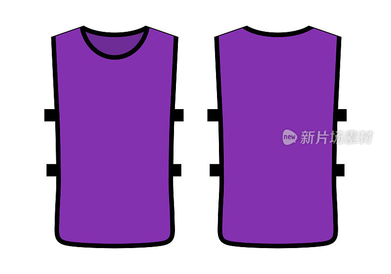 紫色足球足球训练背心模板在白色的背景。前后视图。