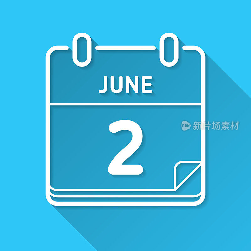 6月2日。图标在蓝色背景-平面设计与长阴影