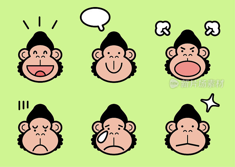 可爱的大猩猩图标集与六个面部表情的颜色柔和色调