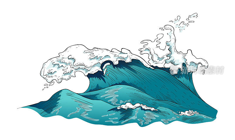 湍流的水流与大波，矢量插图孤立。