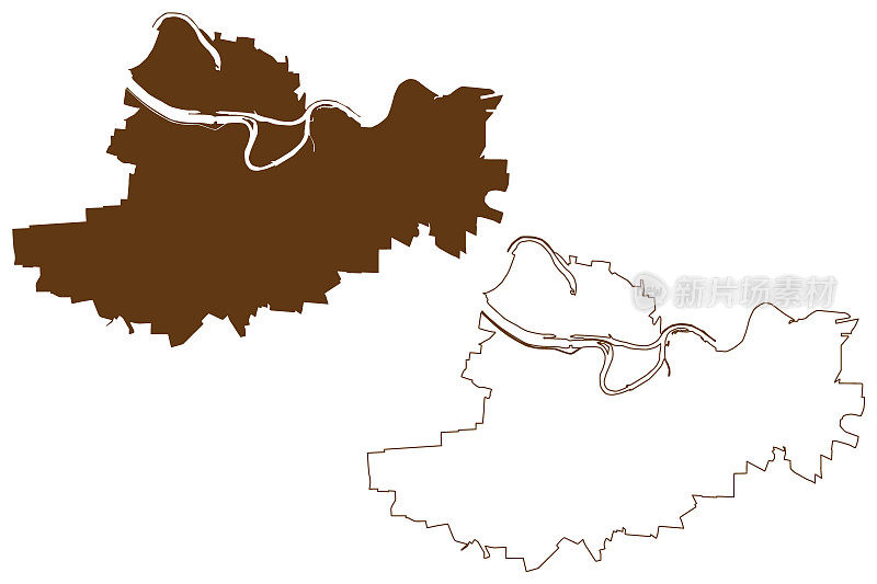 斯特劳宾市(德意志联邦共和国，城市区下巴伐利亚，自由巴伐利亚州)地图矢量插图，涂鸦素描斯特劳宾地图