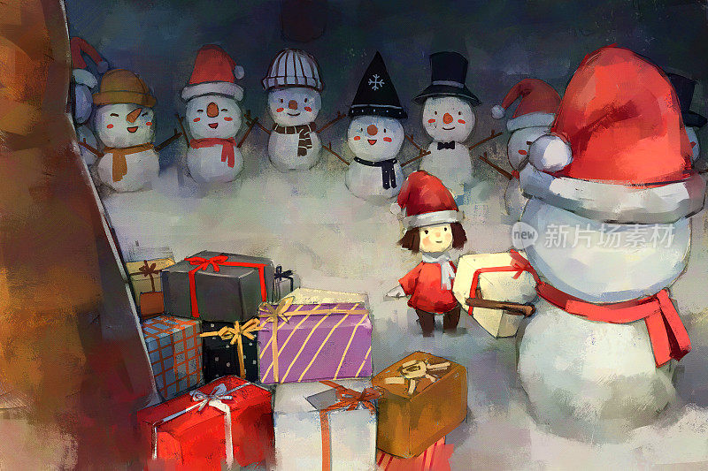 数字艺术绘画套雪人在冬季圣诞节给小女孩的圣诞礼物。