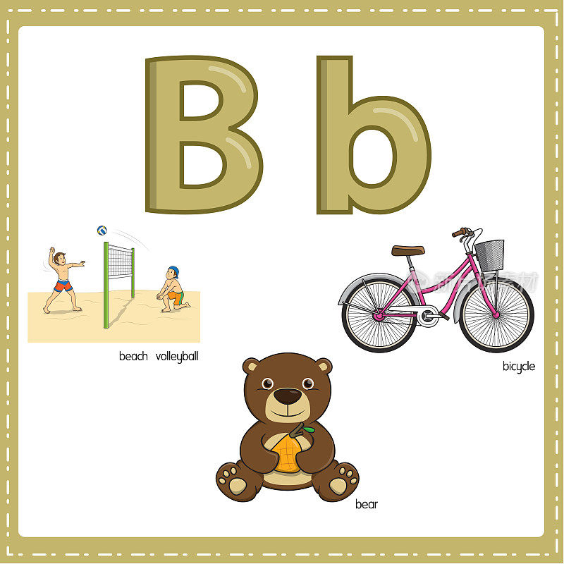 向量插图学习字母B的小写和大写的儿童与3卡通图像。沙滩排球熊自行车。