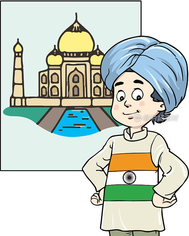 旅行到印度-一个平面设计在白色背景上的彩色插图。和一个可爱的男孩一起作文。旅游休闲的概念
