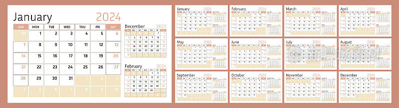 一套12页的日历为2024年珊瑚和桃色阴影。矢量设计模板。一周从星期天开始。