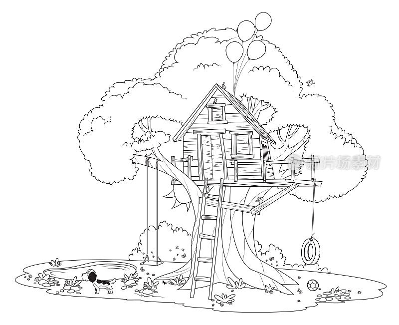 黑白树屋。树上有孩子的房子