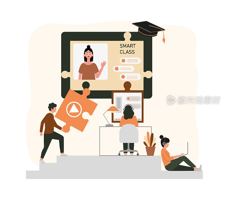 E-learning，在家在线教育，智能工作理念。