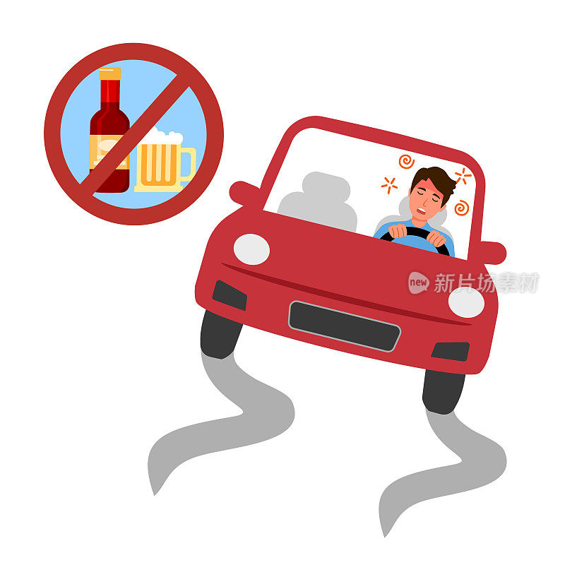醉酒男子驾驶汽车概念矢量插图。喝酒不驱动竞选。