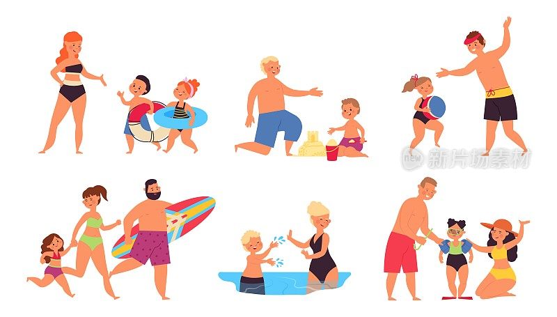家庭暑假。爸爸心情轻松，海洋节日快乐。爸爸妈妈和孩子们在海滩上。卡通人物走路和游泳，体面的向量集