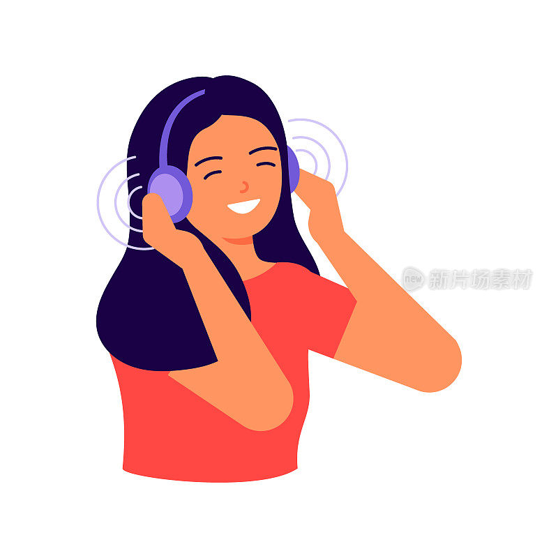 快乐的女孩听音乐用耳机，耳机为声音。戴耳机的女人享受音乐，音乐疗法。矢量平面插图