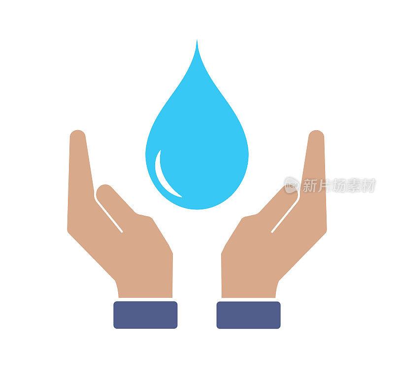 手握着水滴。节约用水的概念。水干净，环保。矢量图